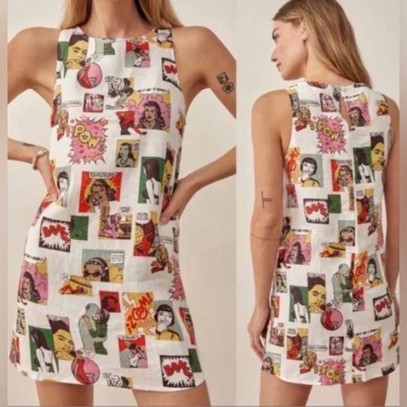 New! Reformation Jessi Linen Comic Book Mini Dress 💋📰 size 4 - Picture 6 of 15